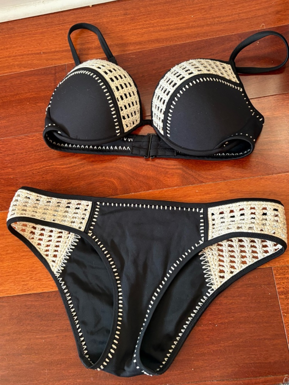 Victoria's Secret Black Bikini with Cream Crochet Trim